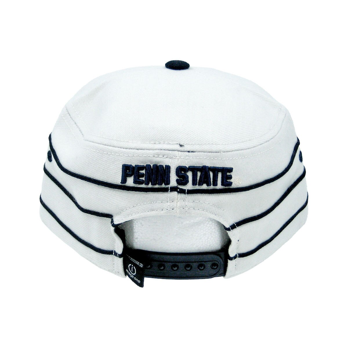 back of white vintage pillbox hat with embroidered Penn State